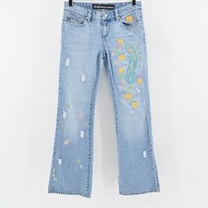 Vtg Y2k Embroidered Jeans Juniors Size 5 Low Rise Flare Floral Paisley Festival